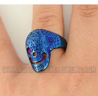 Heavy Metal Jewelry Men's Tattoos Gone Wild Skull Ring Stainless Steel Blue Anodized Edition SR1751