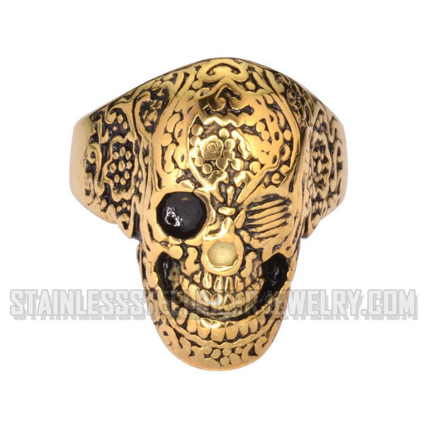 Heavy Metal Jewelry Men's Tattoos Gone Wild Skull Ring Stainless Steel Gold Edition SR1752