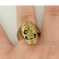 Heavy Metal Jewelry Men's Tattoos Gone Wild Skull Ring Stainless Steel Gold Edition SR1752