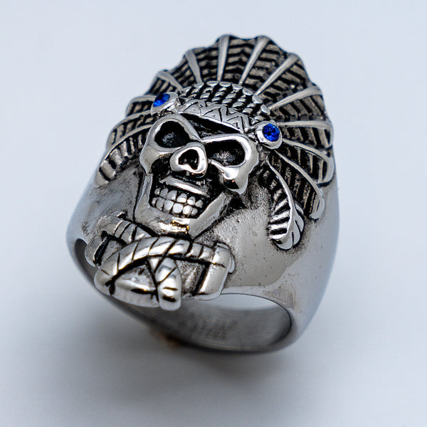 Indian Jewelry Men's Indian Headdress Skull Ring Stainless Steel SR191