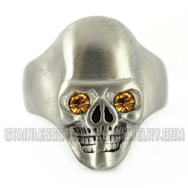 Heavy Metal Jewelry Men's Brushed Skull Ring Stainless Steel Yellow Eyes SR2302