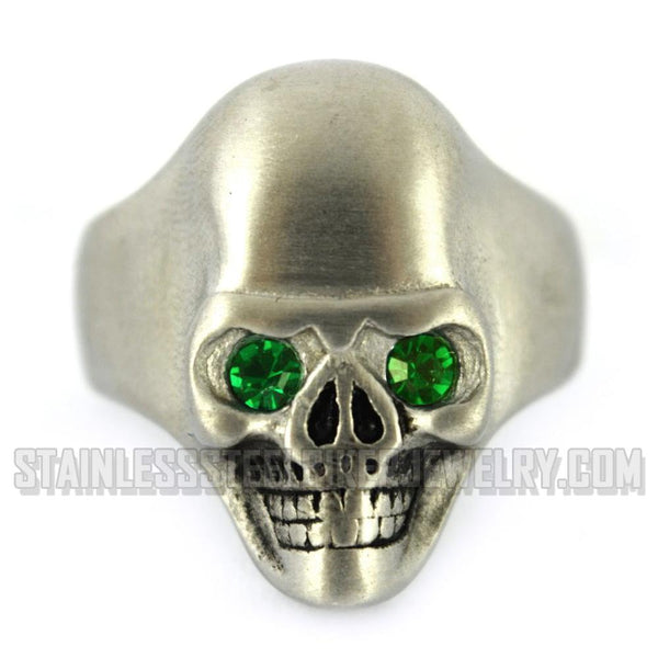 Heavy Metal Jewelry Men's Brushed Skull Ring Stainless Steel Green Eyes SR2303