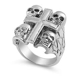 4 Skulls on a Cross Ring Old School Biker Ring Stainless Steel SR34