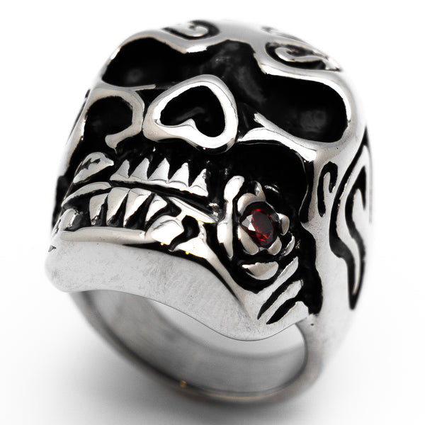 Huge Skull Ring with Red Rose Ring Biker Jewelry Stainless Steel  SR46