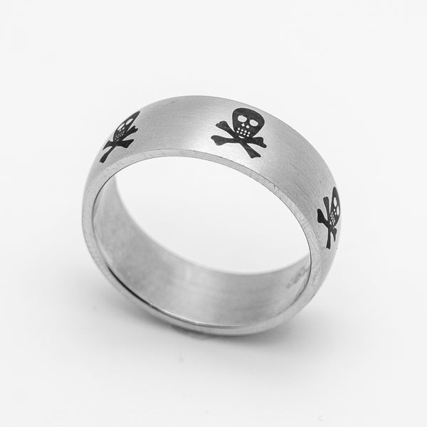 Skulls & Crossbones Ring on Brushed Satin Stainless Steel Band SR54