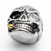 Skull Ring with Gold Bullet & Clear CZ Eye Stainless Steel Ring Sizes 9 - 20, SR57