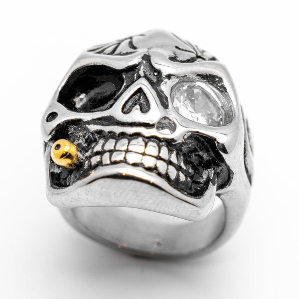 Skull Ring with Gold Bullet & Clear CZ Eye Stainless Steel Ring Sizes 9 - 20, SR57