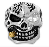 Skull Ring with Gold Bullet & Clear CZ Eye Stainless Steel Ring Sizes 9 - 20, SR57