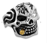 Skull Ring with Gold Bullet & Clear CZ Eye Stainless Steel Ring Sizes 9 - 20, SR57