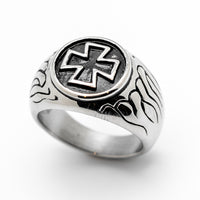 Round Iron Cross Ring with Flames Stainless Steel Heavy Metal Jewelry SR82
