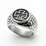 Round Iron Cross Ring with Flames Stainless Steel Heavy Metal Jewelry SR82