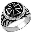 Round Iron Cross Ring with Flames Stainless Steel Heavy Metal Jewelry SR82