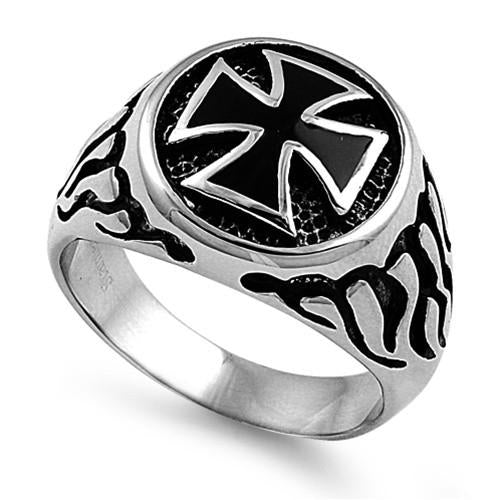 Round Iron Cross Ring with Flames Stainless Steel Heavy Metal Jewelry SR82