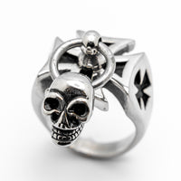 Iron Cross Ring with Dangling Skull Stainless Steel Men’s Biker Ring SR91